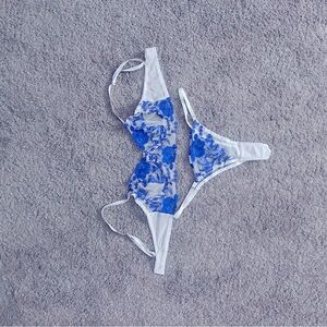 Blue Floral Lace Lingerie Set